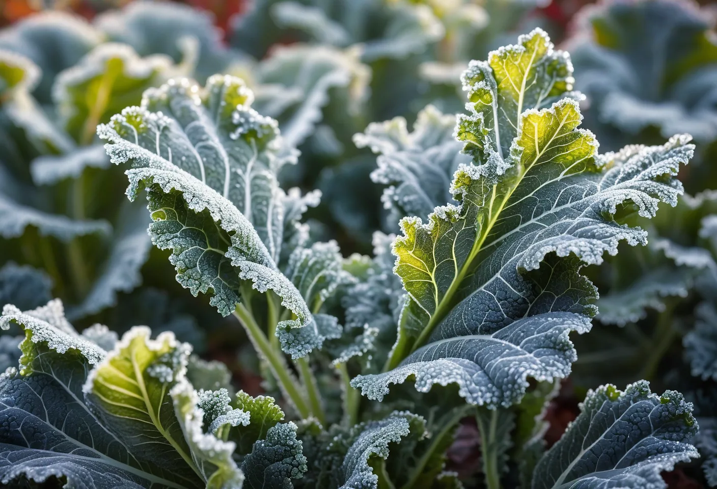 Frost on kale leaves in autumn