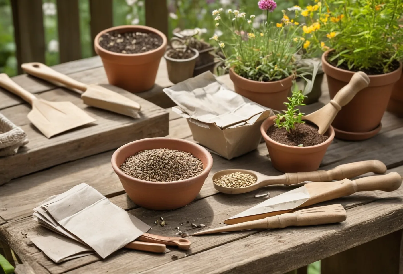 Seed packets and garden tools on a potting bench